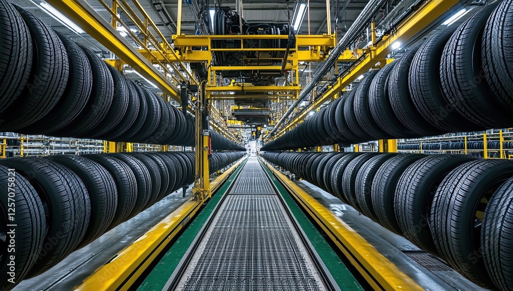 Poster tire manufacturing: automated systems transporting stacks of new tires efficiently in factory