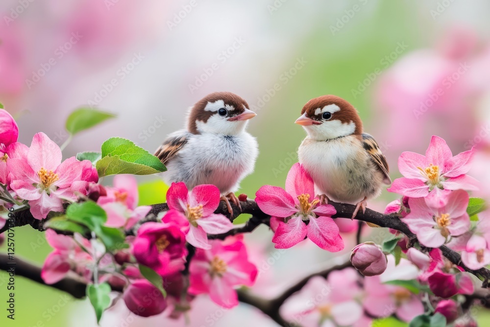 Poster two birds perched on a branch of a tree surrounded by green leaves in a natural setting