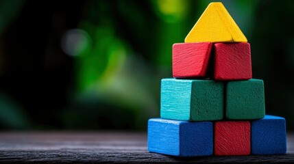 Colorful Wooden Blocks Stacked as a House Against a Blurred Green Background