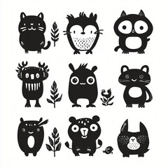 Obraz premium Adorable Black and White Cartoon Animals and Monsters Illustration Set for Kids