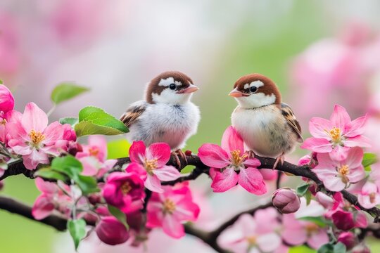Two birds perched on a branch of a tree surrounded by green leaves in a natural setting