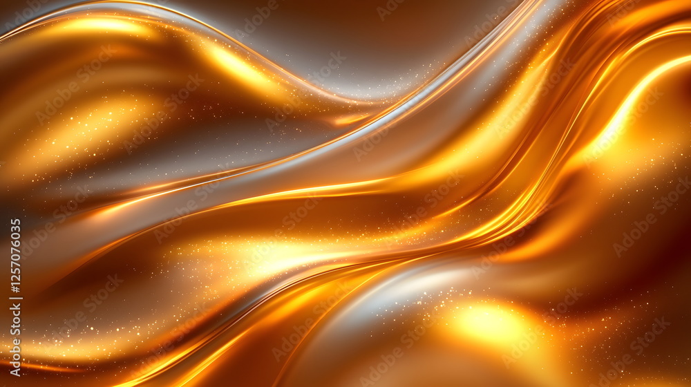 Poster golden waves flowing gracefully in shimmering light, creating a vibrant and elegant abstract pattern