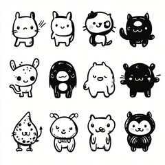 Fototapeta premium Adorable Hand Drawn Black and White Cartoon Animals Cute Monster and Pet Illustrations Set