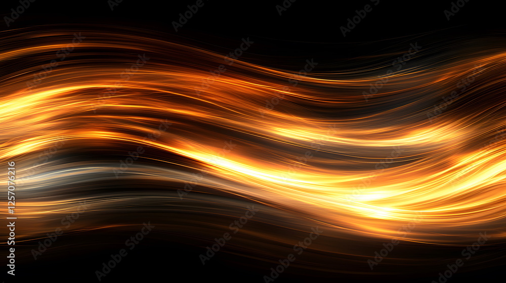 Poster glowing golden waves of light flowing smoothly against a dark background creating a dynamic abstract
