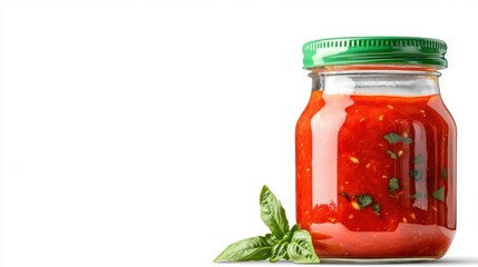 High-quality close-up of a transparent glass jar showcasing homemade tomato sauce, with a bright green lid contrasting against the white background