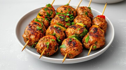 Juicy, grilled meatballs skewered with vegetables and herbs, served on a plate, showcasing vibrant colors and appetizing presentation.