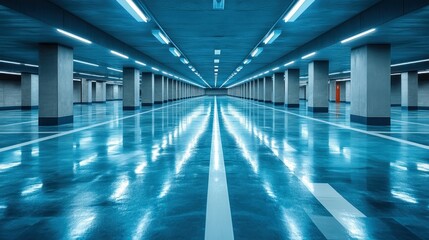 Fototapeta premium Empty modern parking garage, blue lit, city building background, architecture