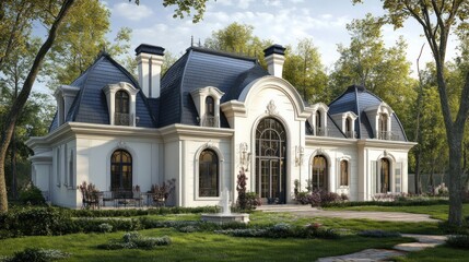 Elegant French-style mansion with landscaped garden.