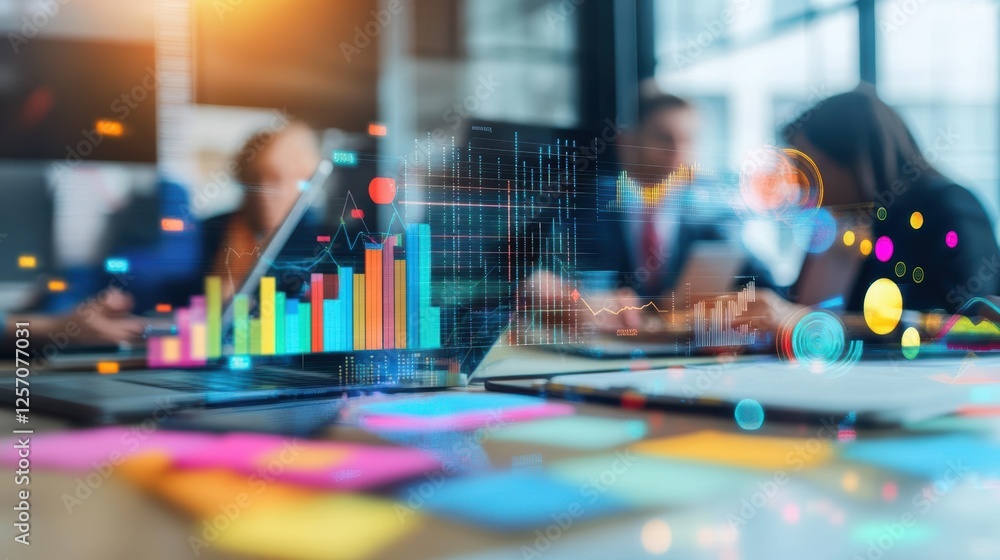 Poster Group of people collaborating at a table with charts and graphs for a business meeting or presentation