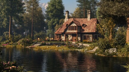 Obraz premium Lakeside stone cottage nestled in a lush forest.
