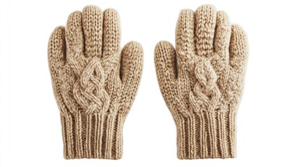 Knitted gloves, beige, cable knit, winter, accessory,  isolated, studio shot, comfortable