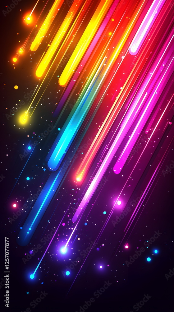 Poster colorful light streaks creating a vibrant abstract background with glowing stars and a dark gradient