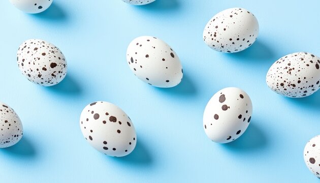 Minimalist pastel blue background with neatly aligned speckled eggs, creating a fresh, spring-inspired visual aesthetic