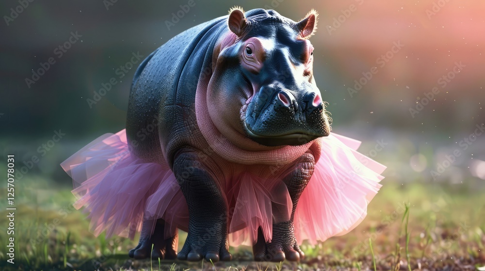 Canvas Prints A whimsical hippo wearing a pink tutu stands gracefully in a vibrant, sunlit grassy field, evoking joy