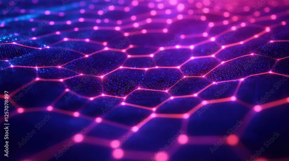 Poster futuristic abstract hexagonal landscape with neon lights in cyberpunk style