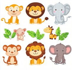 Fototapeta premium Adorable Cartoon Safari Animals Monkeys Lions Elephants Giraffe