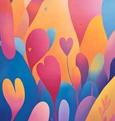 Abstract heart-shaped flowers with blue leaves against a vibrant yellow and blue background. Digital illustration with soft gradients and surreal nature elements. Love and Valentine's Day concept. 