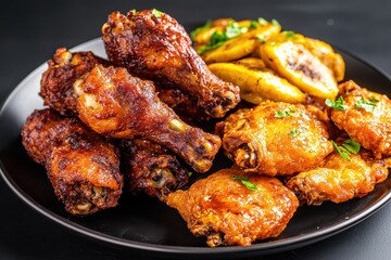 Mouthwatering arrangement of fried delicacies, including plantains, juicy wings, and golden chicken bites on a modern serving plate