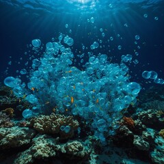 "A playful underwater scene where vibrant, glowing bubbles rise towards the ocean surface, illuminated by deep blue light."