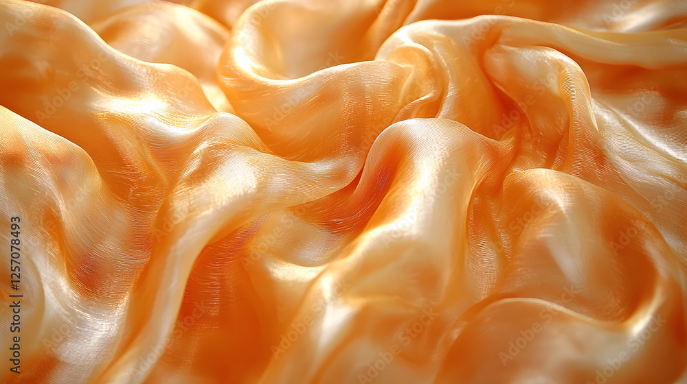 Poster silky orange fabric draped elegantly displaying soft waves and smooth texture in bright lighting.