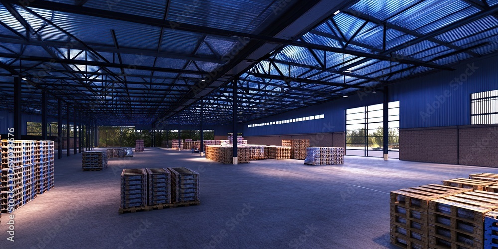 Poster exploring large warehouse structures: industrial building design and pallet storage solutions, enhan