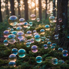 "Dreamy, pastel-colored bubbles reflecting a magical fairy-tale forest with soft sparkles and a golden glow."