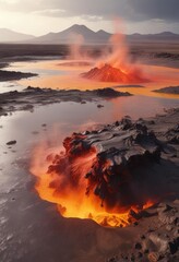 Fototapeta premium Lava flows and volcanic ash in the air with a sulfur lake in the background of Danakil Depression , sulfur lake, Africa