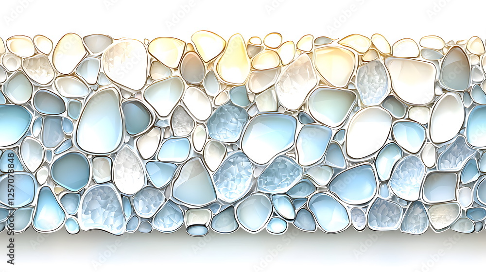 Poster glossy blue and white pebbles arranged in a decorative pattern on a light background textured surfac