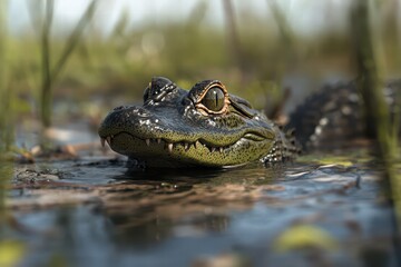 Close-Up Image of Alligator in Water Amidst Green Grass