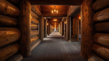 Explore Rustic Wooden Hallway with Charming Lights: A Serene Log Cabin Corridor,  Illuminated Path to Tranquility