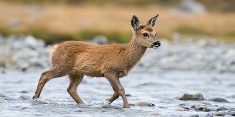 Obraz premium Young Deer Walking in a Shallow Stream Surrounded by Nature