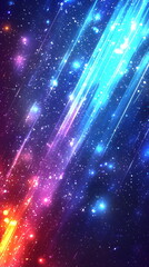 Colorful starry night sky with vibrant light beams in shades of blue, purple, and orange creating a cosmic scene.