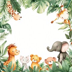 Adorable Watercolor Jungle Animals Frame Giraffe Lion Elephant Monkey Tropical Leaves Baby Shower