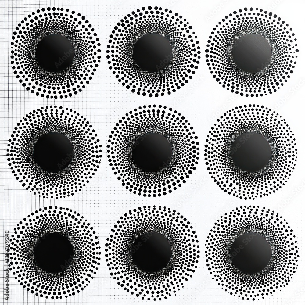 Poster black and white circular patterns halftone effect vector illustration abstract design