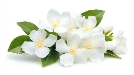 Obraz premium Fresh White Jasmine Flowers with Green Leaves on White Background