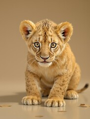 Obraz premium Lion cub exploring its surroundings with wide eyes, natural scenery, lion cub exploration