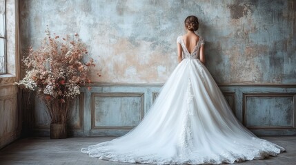 Bride, studio, back, dress, pose, wall, floral, wedding, romance, elegant