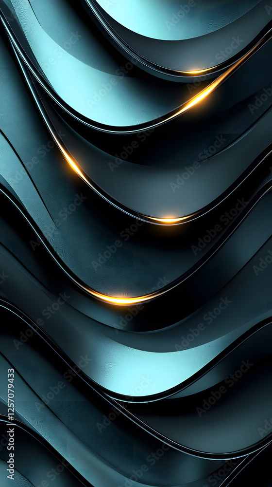 Poster glossy wavy abstract background with glowing golden lines in dark teal tones creating a futuristic d