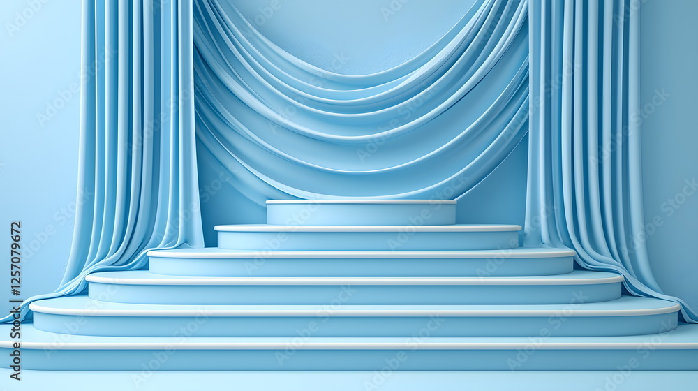 Poster elegant blue stage with layered drapes and smooth steps creating a serene background setting for pre