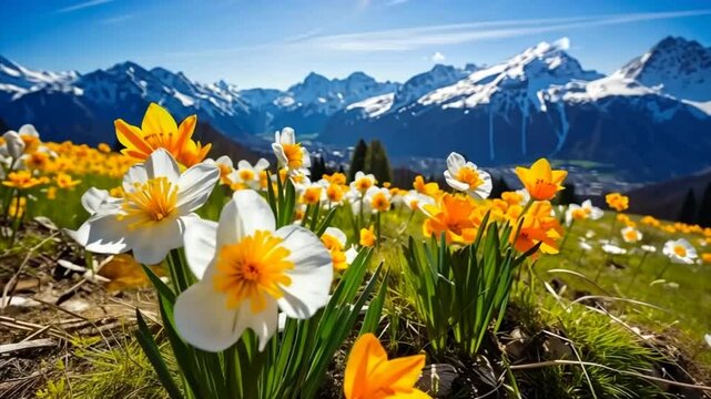 Wild narcissus flowers with snow-capped mountains at the background. Spring meadow