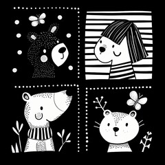 Adorable Black and White Animal Illustration Cute Bears Butterfly and Woodland Creatures