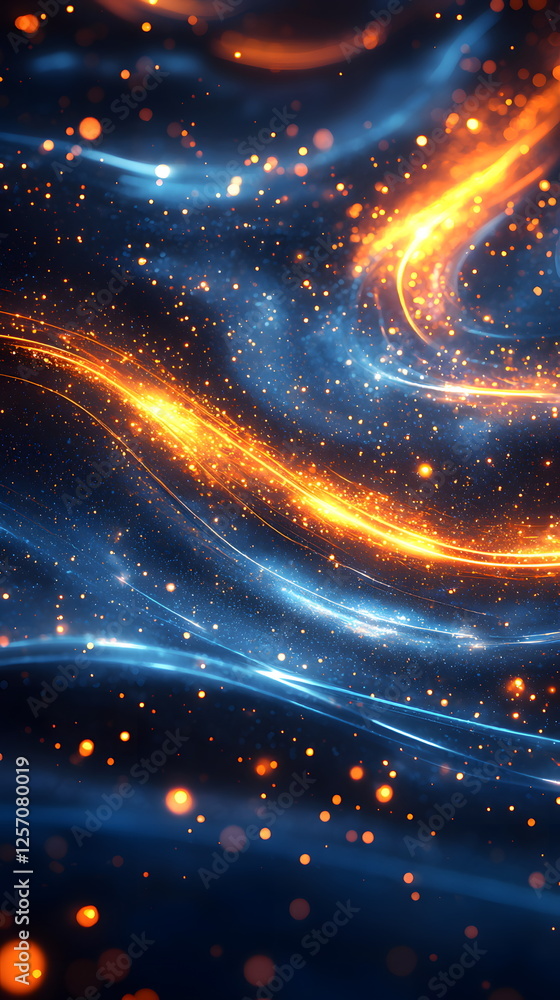 Poster glowing abstract waves of blue and orange light swirling in a dark background filled with luminous p