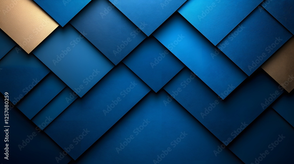 Poster layered blue geometric shapes creating a modern abstract background with a hint of gold accent highl