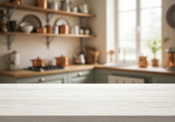 The clean and empty surface of a wooden tabletop is highlighted in this image, with a blurred kitchen background providing context and depth