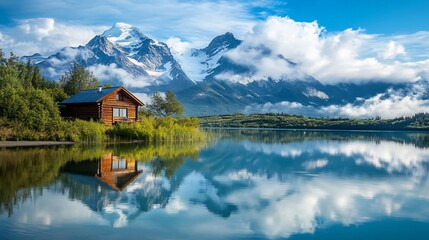Fototapeta premium Secluded Log Cabin by Mountain Lake with Stunning Reflection