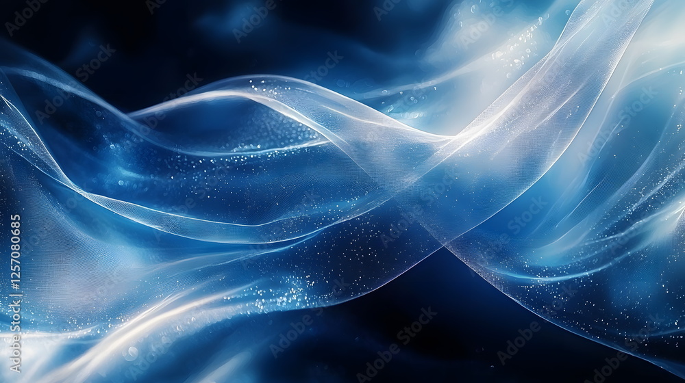 Aufkleber flowing blue waves of transparent fabric with shimmering particles illuminated by soft light against
