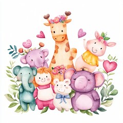 Fototapeta premium Adorable Watercolor Animals Giraffe Elephants Bunny Doll Cute Children s Illustration
