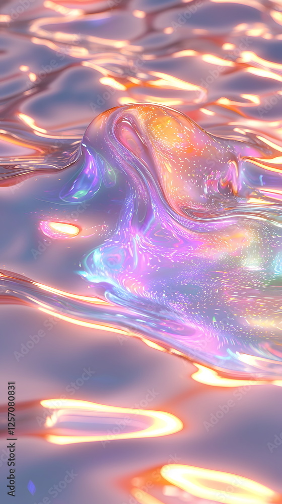 Aufkleber iridescent water surface reflecting colorful highlights and patterns with smooth flowing ripples.