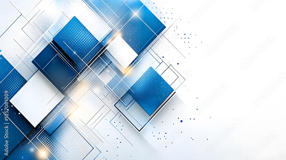 Poster blue geometric shapes arranged in a modern abstract design with light and shadow effects on a white 