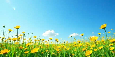 Blue clear sky with a scattering of delicate yellow wildflowers, blooms, flowers, meadow